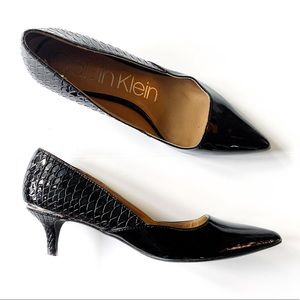 Calvin Klein Black Patent Leather Low Heels Embossed Croc Pattern Pointed Toe